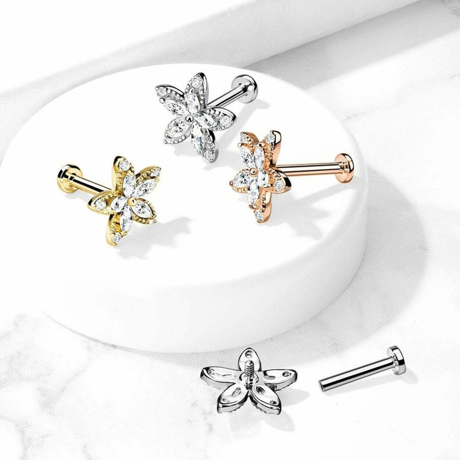 Amelia Fashion Body Piercing Studs | Amelia Fashion 16 Gauge Marquise Cz Flower Top Internally Threaded Flat Back Studs For Labret, Monroe, Cartilage, And More 316L Surgical Steel (Choose Color)