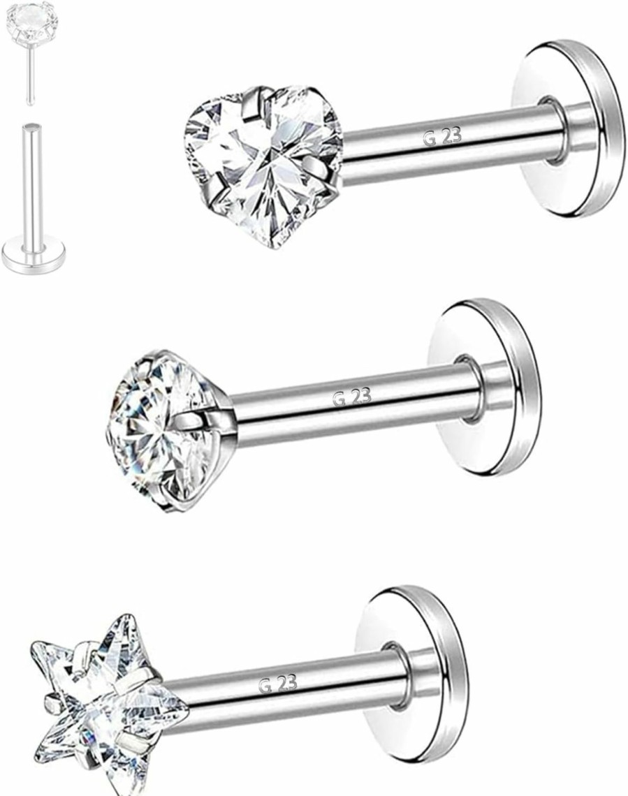 Amazon Body Piercing Studs | Charmonline G23 Cartilage Earrings Studs 16G Titanium Top Push In Flat Back Stud For Nose Cartilage Piercing Cz Lip Ring Cartilage Earring Medusa Piercing Jewelry Helix Tragus Piercing