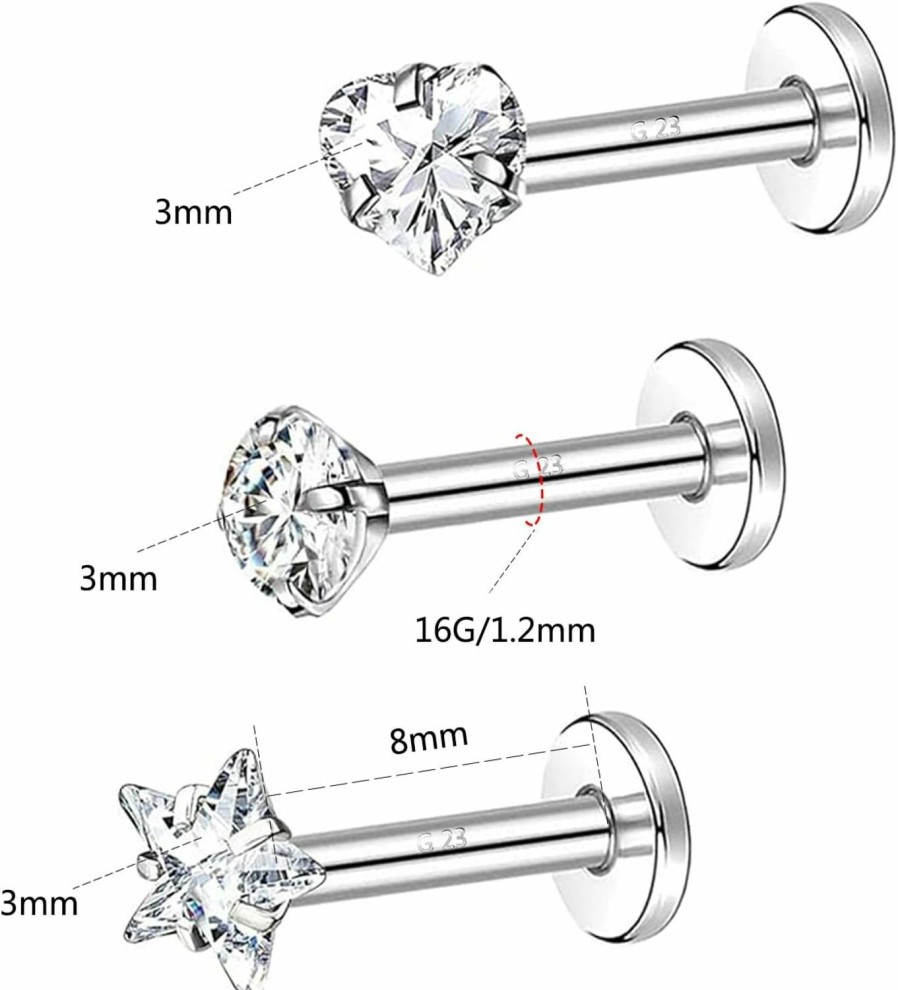 Amazon Body Piercing Studs | Charmonline G23 Cartilage Earrings Studs 16G Titanium Top Push In Flat Back Stud For Nose Cartilage Piercing Cz Lip Ring Cartilage Earring Medusa Piercing Jewelry Helix Tragus Piercing