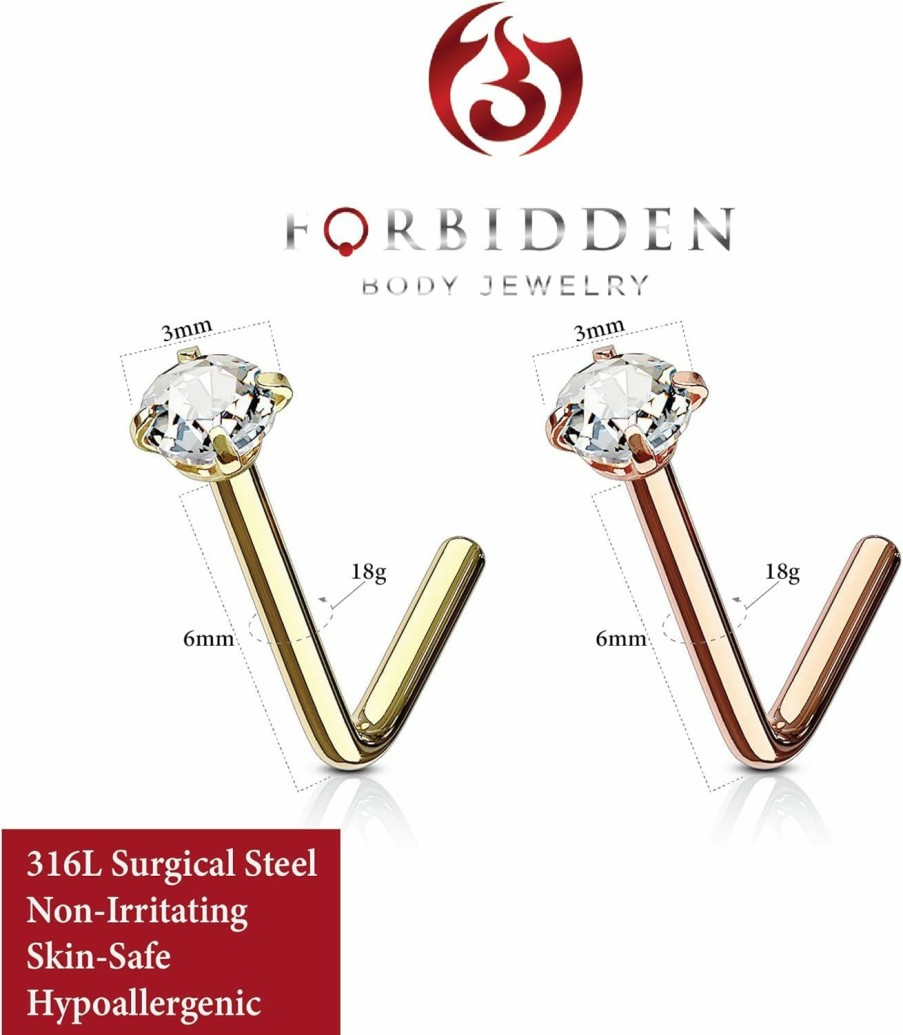 Forbidden Body Jewelry Body Piercing Studs | Forbidden Body Jewelry Nose Rings L Shaped, Nose Ring Studs, L Shaped Nose Studs, Nose Piercing Stud, 18G 6Mm Surgical Steel L Shaped Nose Ring With 3Mm Cz Crystal