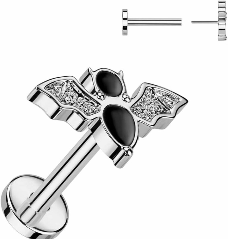 Dynamique Galerie Body Piercing Studs | Dynamique Implant Grade Titanium Threadless Push In Labret With Black Enamel Bat Top (Sold Per Piece)