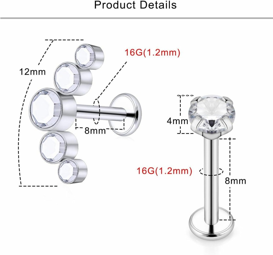 Lcolyoli Body Piercing Studs | Lcolyoli Crystal Cartilage Earring Stud For Women Internally Threaded Stainless Steel 16G Helix Conch Tragus Piercing Jewelry Set