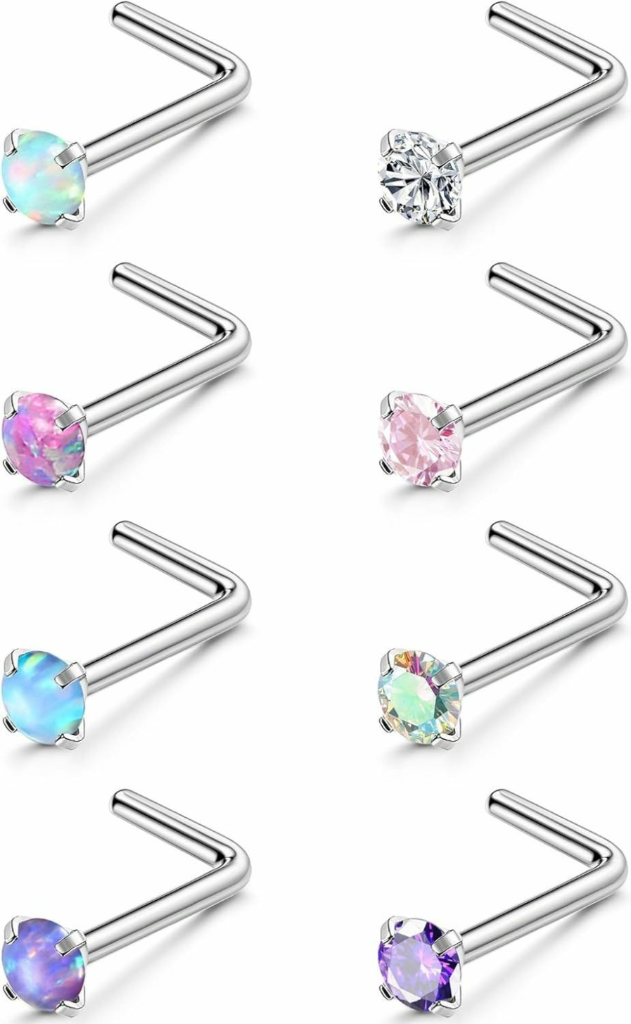 LOYALLOOK Body Piercing Studs | Loyallook 8Pcs Nose Rings Studs Titanium Nose Rings Cz Opal L Shaped Screw Studs Rings For Women Nose Screw Studs 18G/20G Samll Nose Stud Corkscrew Nose Rings Piercing Jewelry, 2Mm