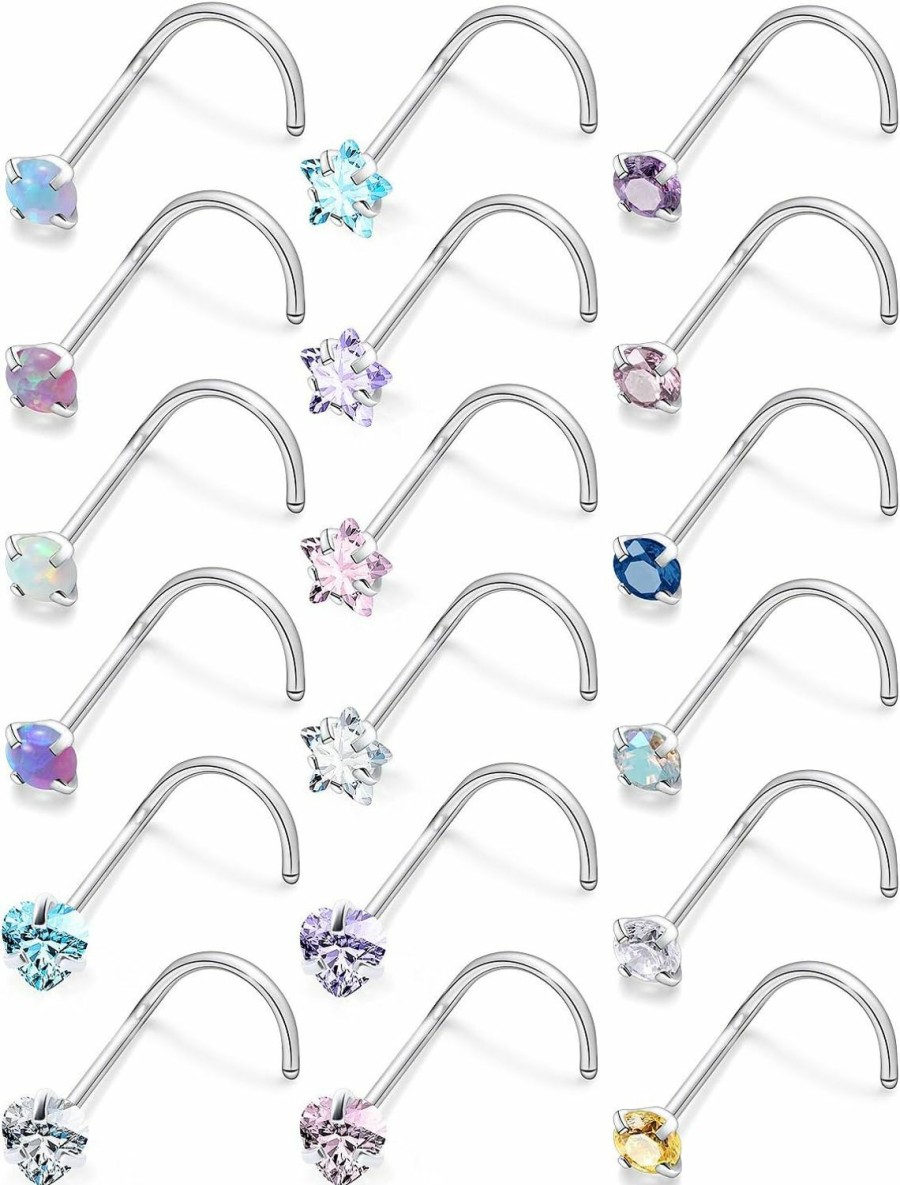 Cisyozi Body Piercing Studs | Cisyozi 18G 20G Hypoallergenic Nose Rings Studs Surgical Steel Opal Heart Star Nose Stud Cubic Zirconia Nose Piercing Jewelry For Women Men Straight L Shaped Screw Style