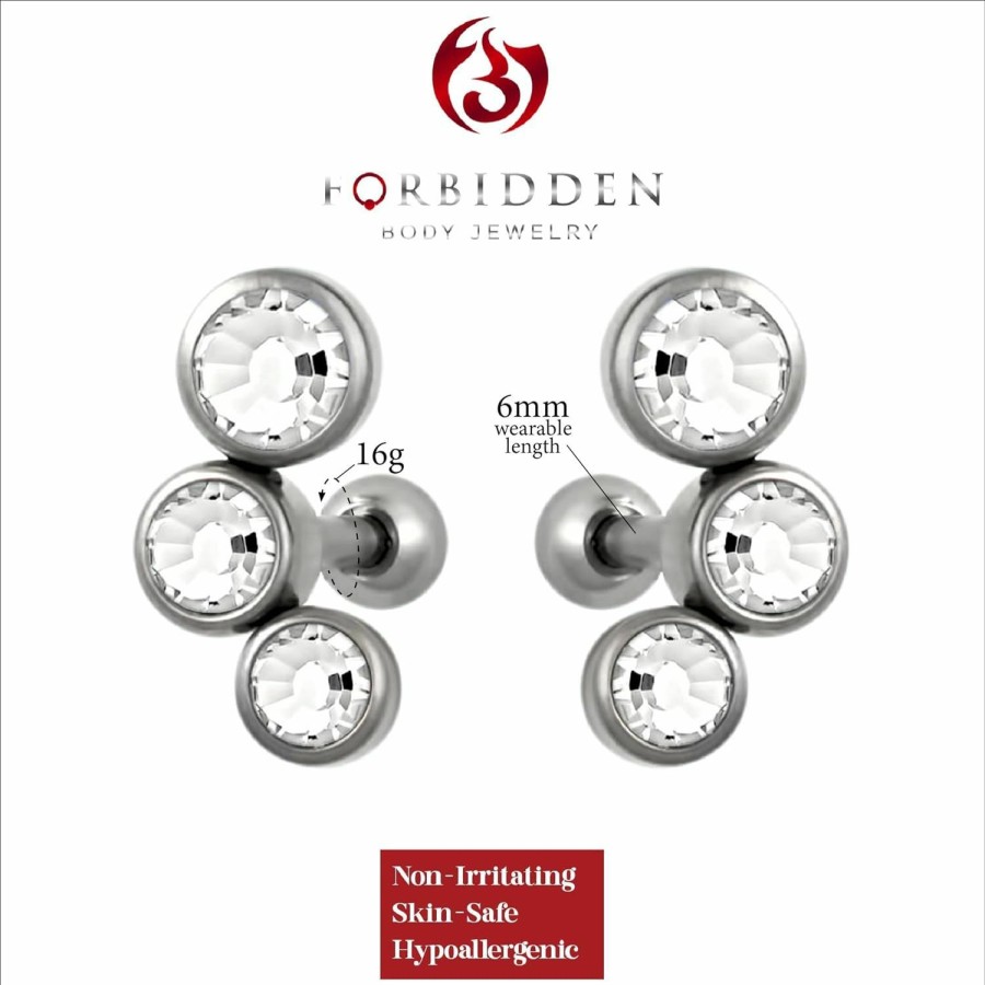 Forbidden Body Jewelry Body Piercing Studs | Set Of Cartilage Stud Earrings: 16G 6Mm Surgical Steel Triple Cz Clear Crystal Earrings