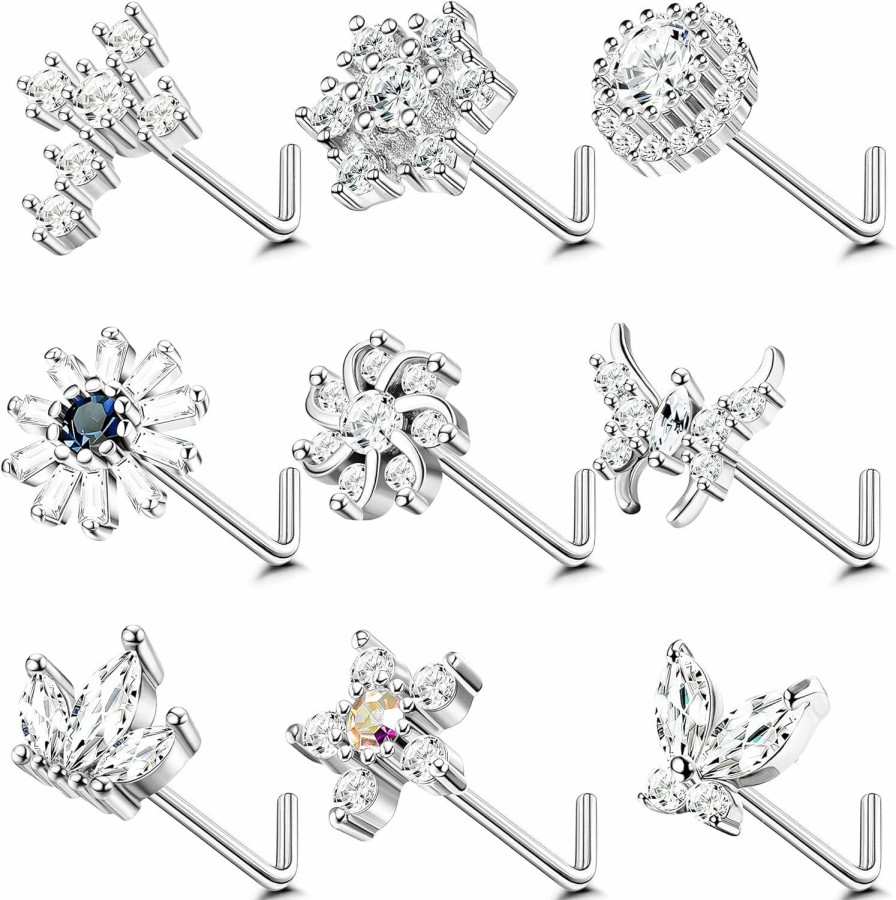 Ubjuliwa Body Piercing Studs | Ubjuliwa 9Pcs 20G Stainless Steel Nose Rings L Shape Bone Screw Nose Studs For Women Men Cubic Zirconia Moon Star Flower Butterfly Nose Piercing Jewelry