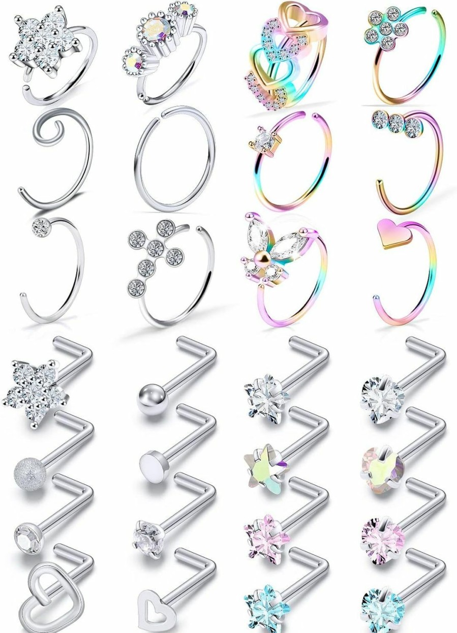 Prjndjw Body Piercing Studs | Prjndjw 20G Nose Rings Studs Hoop Surgical Steel Nose Rings Hoop Heart Cz Flower Nose Piercing Jewelry Nose Rings For Women Straight Bend L Shaped Nose Rings 28Pcs 6.5Mm Nose Piercing Kit Purpke