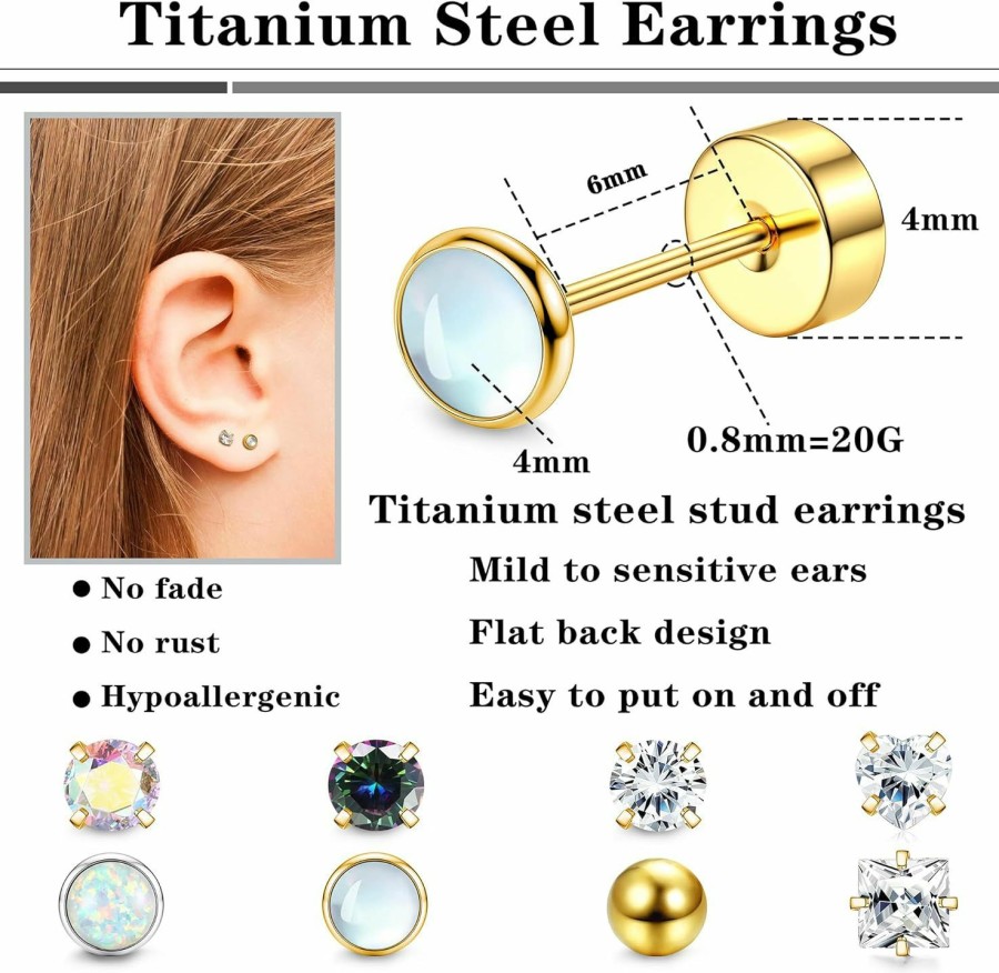 FIBO STEEL Body Piercing Studs | Fibo Steel 316L Surgical Steel Earrings For Women 20G 8Pairs Flat Back Earrings For Sensitive Ears Tiny Cz Opal Moonstone Ball Heart Helix Hypoallergenic Cartilage Piercing Jewelry