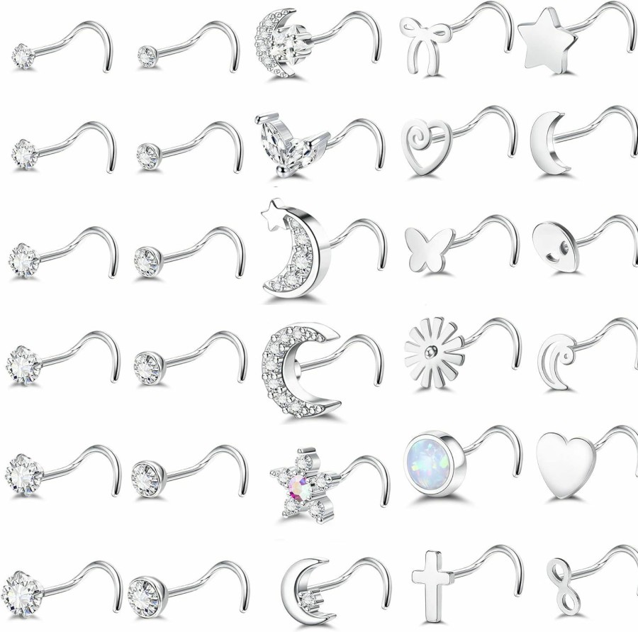 ZELORES Body Piercing Studs | Zelores 30Pcs 20G Nose Rings For Women Men Fahion Stainless Steel Bone L Shaped Screw Nose Studs Set Nose Piercing Pack