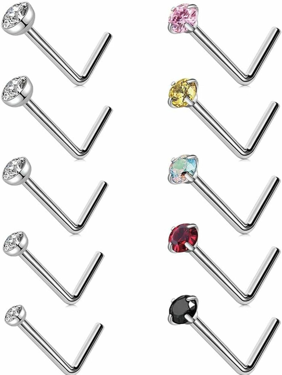 ZUOPOEKI Body Piercing Studs | Zuopoeki 10Pcs Nose Rings Studs Surgical Steel L Shaped 20G Cz Nose Studs Piercing Jewelry For Women Men