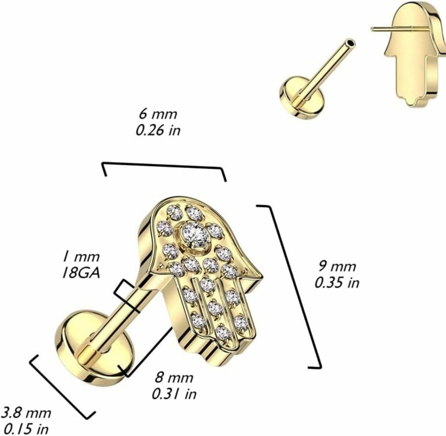 Pierced Owl Body Piercing Studs | Pierced Owl 18Ga F136 Implant Grade Titanium Cz Crystal Paved Hamsa Hand Threadless Push-In Labret Stud