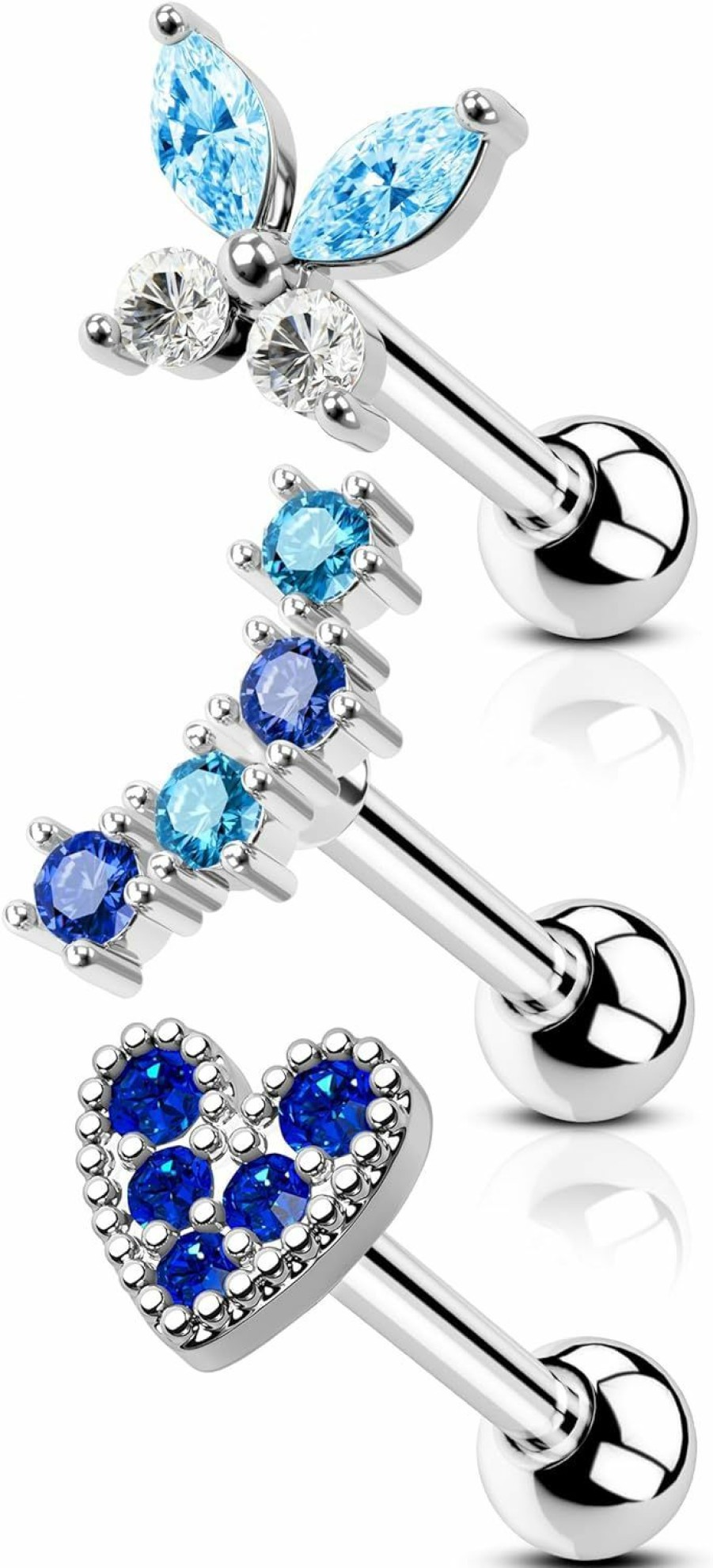 COCHARM Body Piercing Studs | Cocharm 3Pcs Blue Butterfly Cartilage Earring Stud Set 16G Heart Helix Earring Stud Aque Blue Tragus Helix Piercing 6Mm Screw Back Helix Jewelry