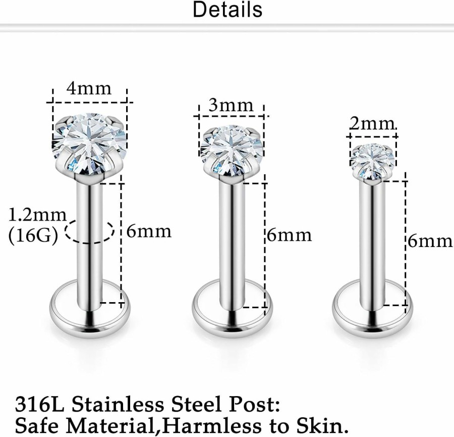 Dyknasz Body Piercing Studs | Dyknasz Tragus Piercing Jewelry Stainless Steel Labret Jewelry Medusa Piercing Jewelry Lip Rings Snake Bite Piercing Jewelry Different Size Forward Helix Cartilage Conch Earring Stud With Flat Back