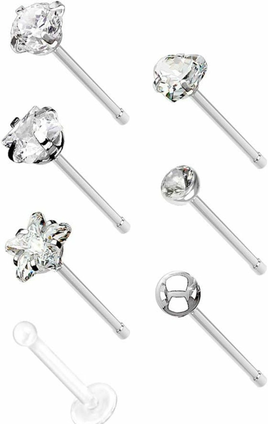 Amelia Fashion Body Piercing Studs | Amelia Fashion 20 Gauge 7 Pack 316L Surgical Steel Nose Stud Rings Includes Shapes Square Cz, Round Cz, Star Cz, Heart Cz, Press Fit 2Mm Round Cz, Steel Ball, And One Clear Flat Top Nose Stud Retainer