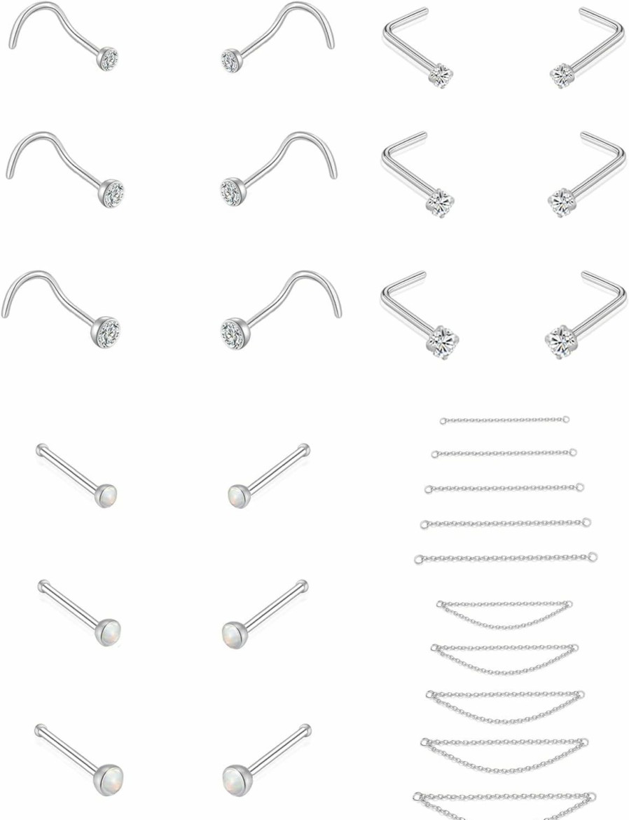 Akeoqi Body Piercing Studs | Akeoqi 28Pcs Nose Stud Nose Chain Stainless Steel L Screw Straight Shape Nose Stud Chain Nose Stud Nostril Piercing Body Jewelry For Women Men 20G Set 2Mm 2.5Mm 3Mm Cz Silver Gold Tone