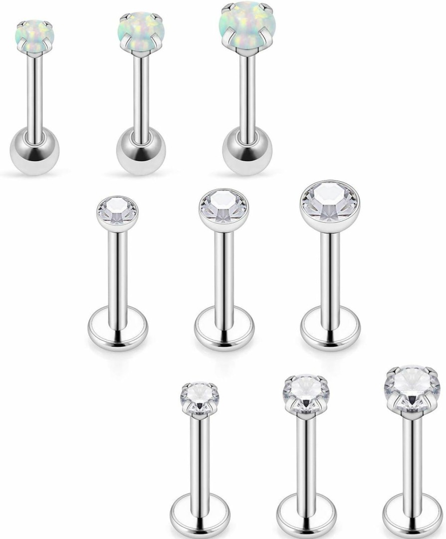 Ocptiy Body Piercing Studs | Ocptiy 16G Tragus Earrings Studs Surgical Steel Opal Flat Back Cartilage Helix Earrings Stud Piercings Jewelry For Women Men Cz Opal 2Mm 3Mm 4Mm 9Pcs