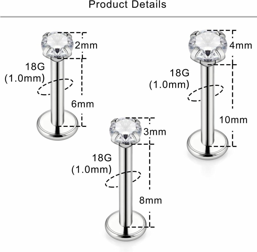 Lcolyoli Body Piercing Studs | Lcolyoli G23 Titanium Tragus Piercing Jewelry 20G 18G 16G Medusa Labret Monroe Lip Rings Internally Threaded Conch Piercing Jewelry Different Size Cartilage Helix Earring Stud Length 6Mm 8Mm 10Mm