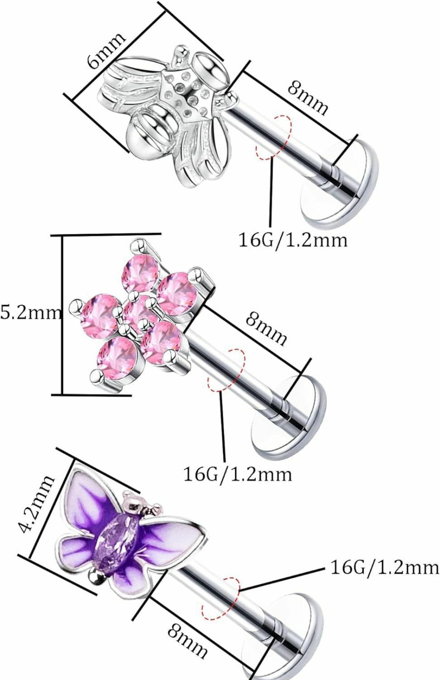 FLOGWE Body Piercing Studs | Flogwe 16G 316L Pushin Lip Rings Butterfly And Bee Nose Stud Rings Top Push In Threadless Surgical Steel Flat Back Lobe Flower Helix, Tragus, Conch Cartilage Earring Studs For Womens