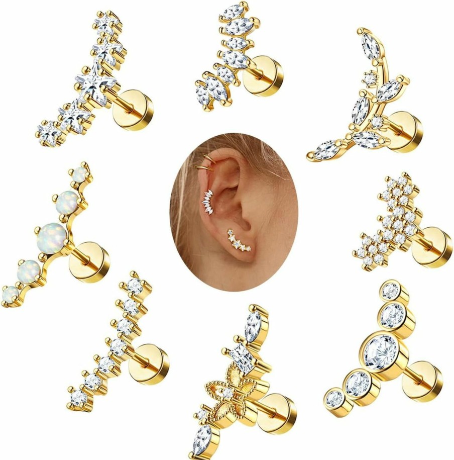 ZELORES Body Piercing Studs | Zelores 8Pcs 16G Cartilage Earring Stainless Steel Star Flower Opal Cz Helix Earrings Flat Back Cartilage Helix Conch Piercing Jewelry For Women